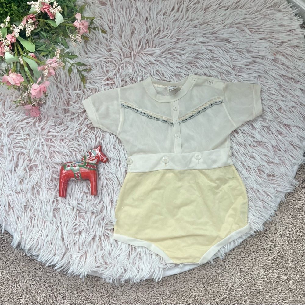 Vintage JC Penney’s ToddleTime Yellow Off White Romper Boy Sz 1/2 14-18 Lbs 6 Mo